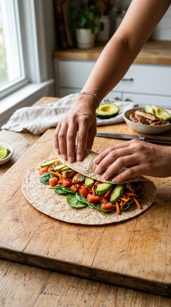 Hands rolling a whole wheat wrap filled with grilled chicken, avocado, spinach, tomatoes, and shredded carrots on a clean wooden countertop.