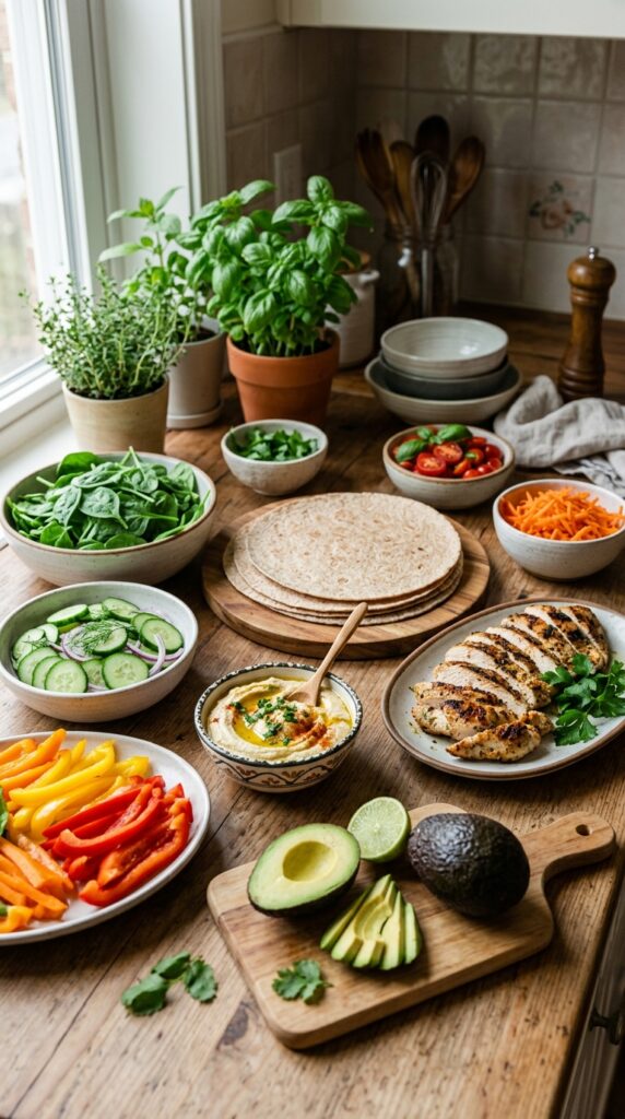 Fresh ingredients neatly arranged on a kitchen counter, including whole wheat tortillas, grilled chicken, avocado, spinach, cucumbers, tomatoes, carrots, hummus,
