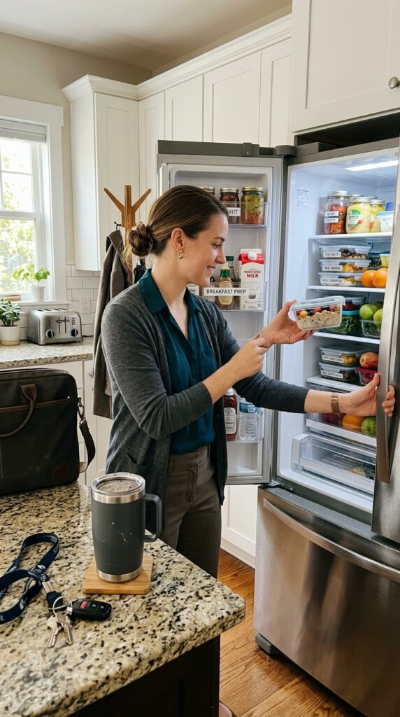 How to Do Healthy Breakfast Meal Prep for Busy Mornings 5 A person grabbing a prepared breakfast container from a neatly organized refrigerator before leaving for work, with a travel coffee mug nearby.