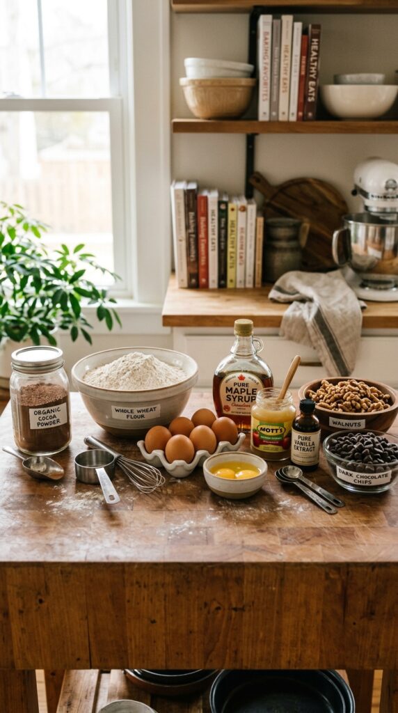 Baking ingredients neatly arranged on a kitchen counter including cocoa powder, whole wheat flour, eggs,