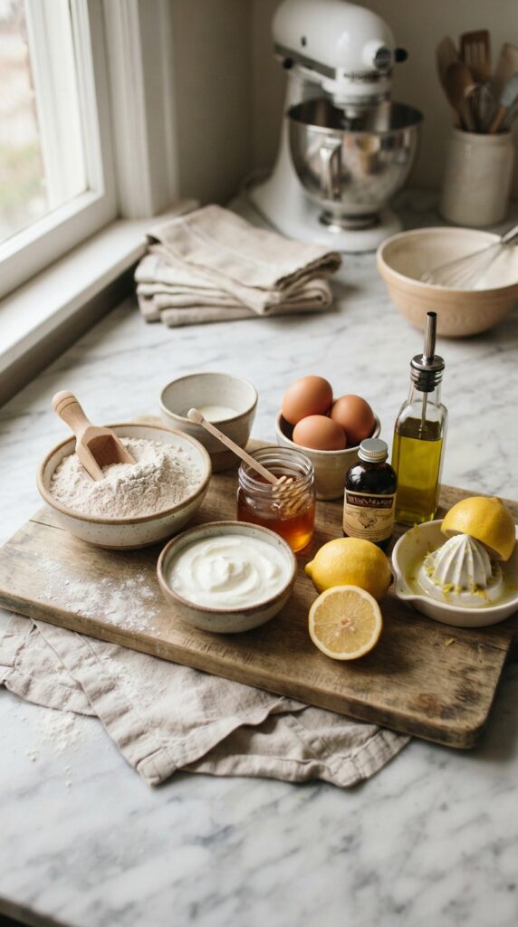 How to Bake Healthy Moist Lemon Cake from Scratch 3 Fresh baking ingredients arranged neatly on a marble countertop, including lemons, Greek yogurt, whole wheat flour, honey, eggs,
