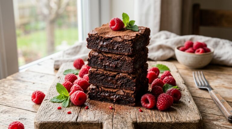 Freshly baked healthy fudgy brownies with less sugar, cut into squares and served on a wooden board with fresh berries.