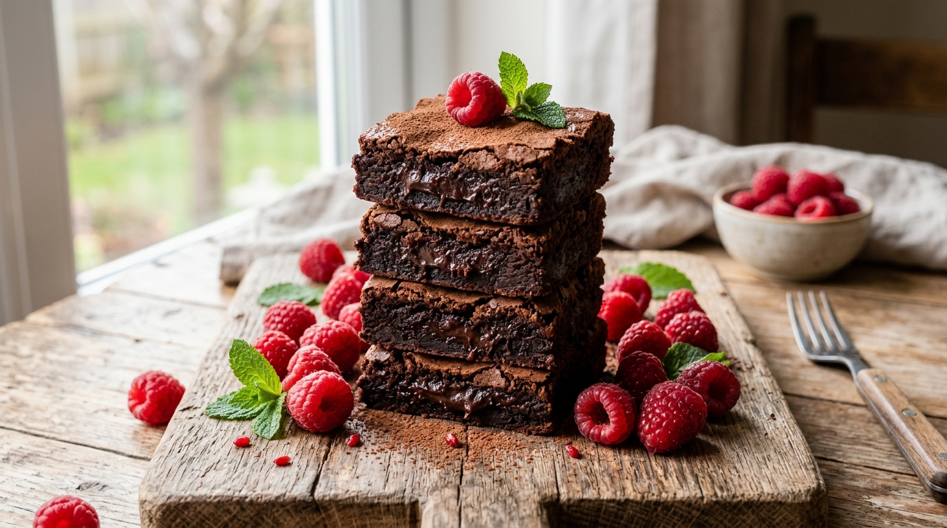 Freshly baked healthy fudgy brownies with less sugar, cut into squares and served on a wooden board with fresh berries.
