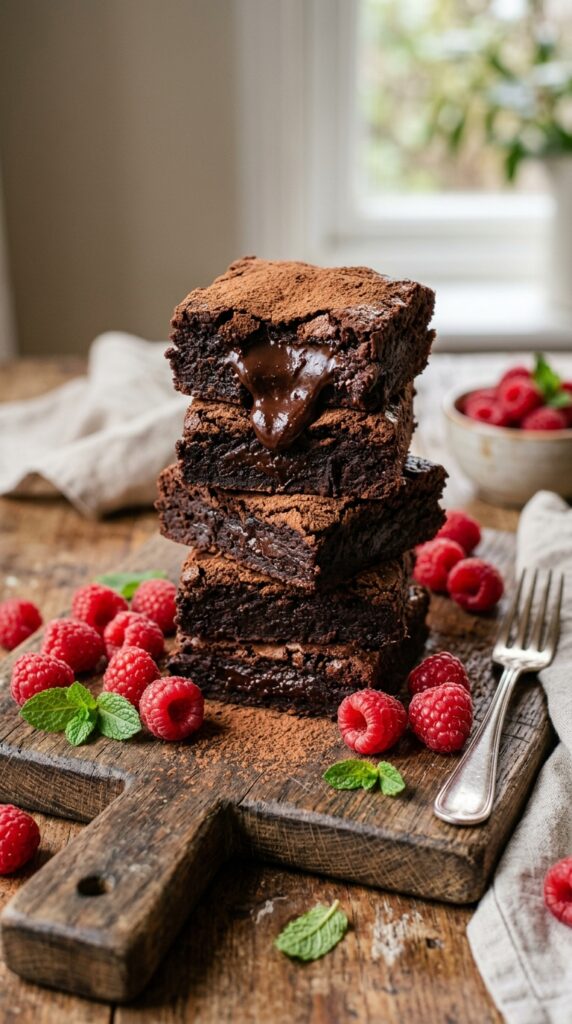 Freshly baked healthy fudgy brownies with less sugar, cut into squares and served on a wooden board with fresh berries.
