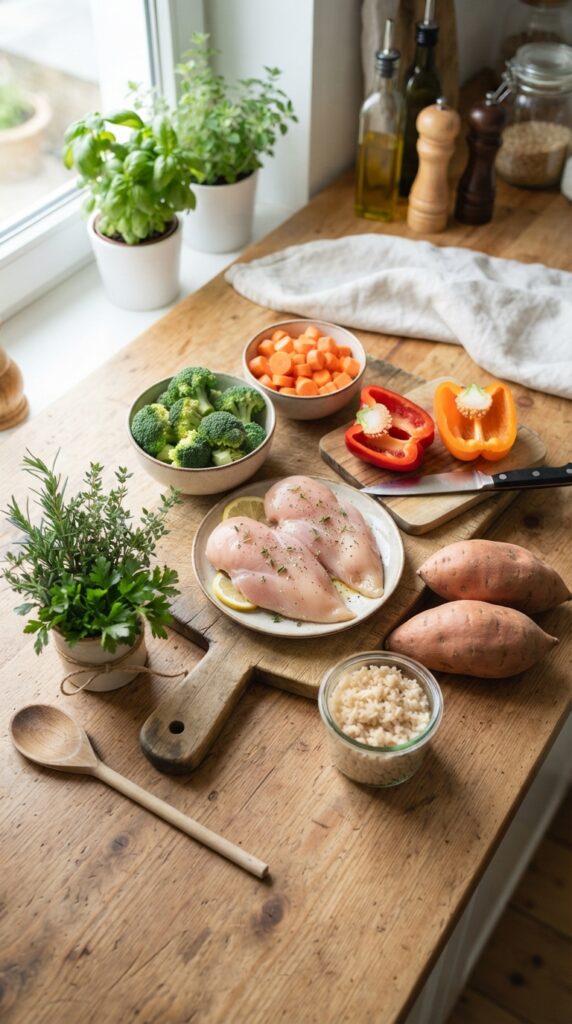 How to Make Healthy Dinner Ideas for Kids That They'll Eat 3 Fresh healthy dinner ingredients neatly arranged on a wooden kitchen counter including chicken breast