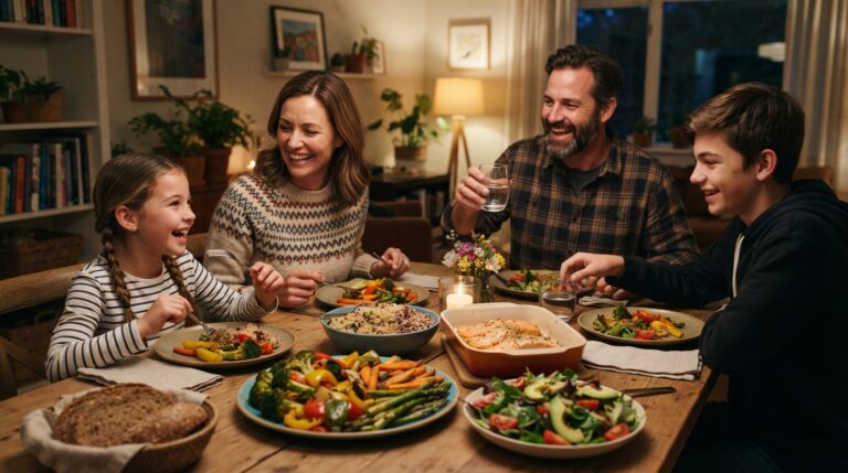 A cozy family gathered around a dinner table enjoying colorful homemade healthy meals with fresh vegetables,