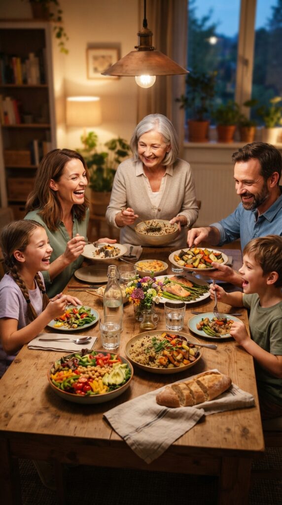 How to Cook Healthy Budget Meals for the Whole Family 2 Healthy Budget Meals for the Whole Family cozy family gathered around a dinner table enjoying colorful homemade healthy meals with fresh vegetables,