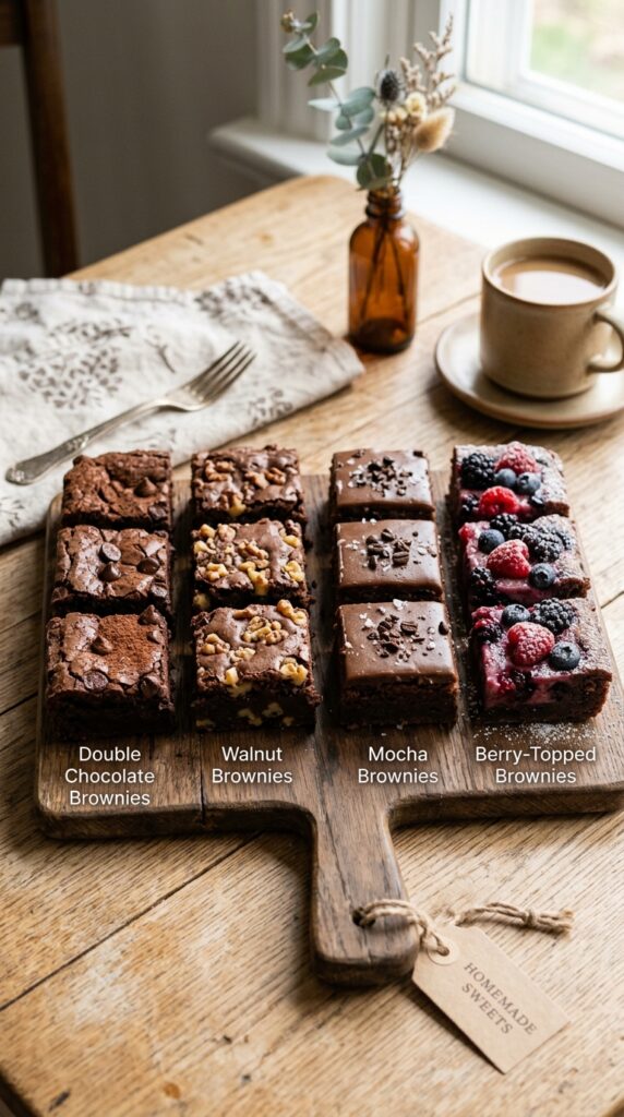 Healthy brownies served on a white plate with fresh berries, a spoonful of Greek yogurt, chopped almonds, and a drizzle 