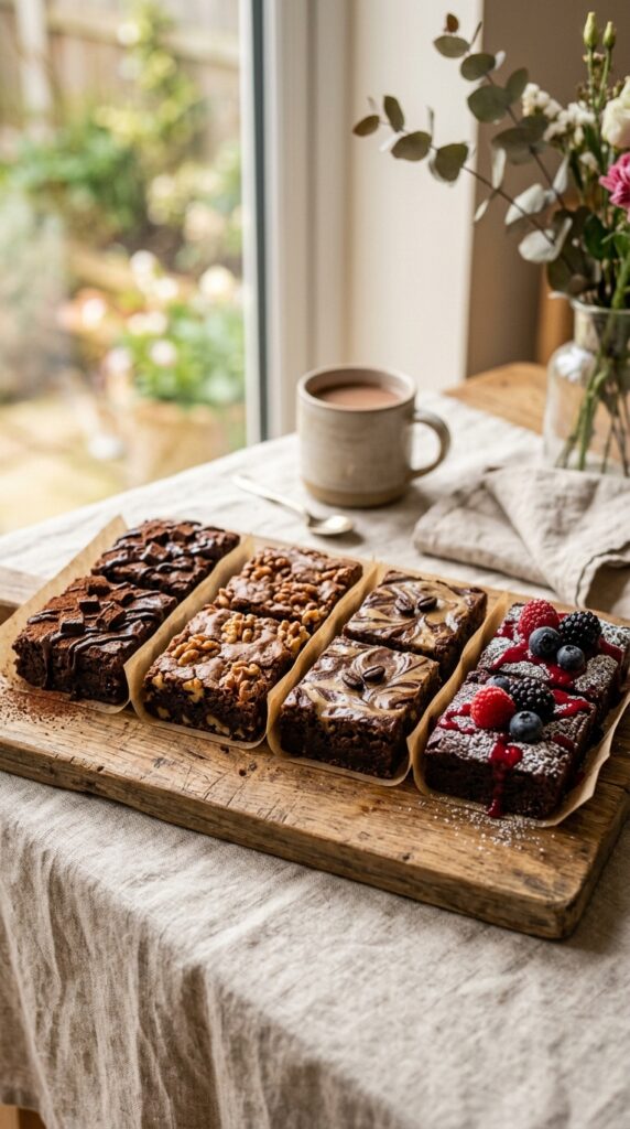 A square baking pan filled with rich chocolate brownie batter being placed into a modern oven with warm kitchen lighting.