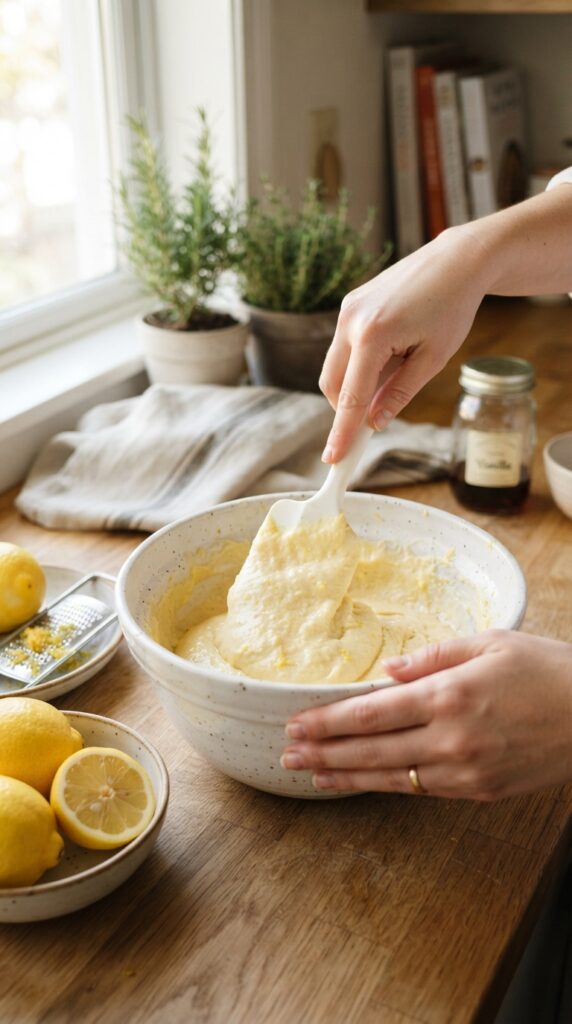 [Image Prompt] Hands gently folding lemon cake batter in a white mixing bowl with a silicone spatula, fresh lemons nearby, bright natural kitchen lighting, realistic Pinterest-style photo with no text.
