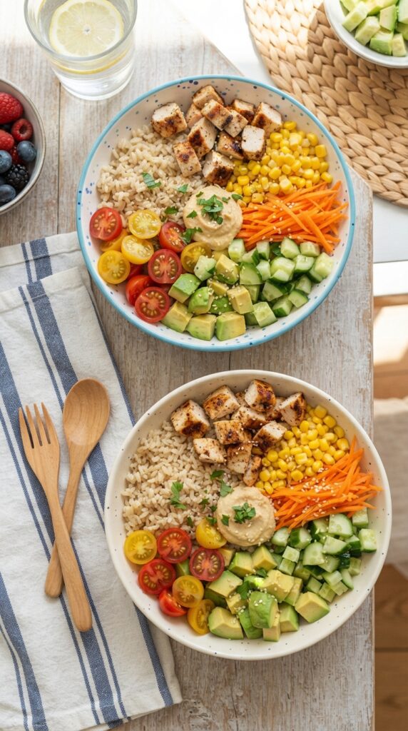 How to Make Healthy Dinner Ideas for Kids That They'll Eat 4 Colorful kid-friendly rice bowls filled with brown rice, grilled chicken, corn, carrots, cucumbers, avocado, and tomatoes arranged in vibrant sections,