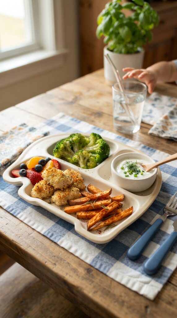 How to Make Healthy Dinner Ideas for Kids That They'll Eat 5 A healthy kids' dinner plate featuring baked chicken bites, roasted sweet potato fries, broccoli, colorful fruit slices, and a small bowl of Greek yogurt dip, beautifully styled with natural lighting.