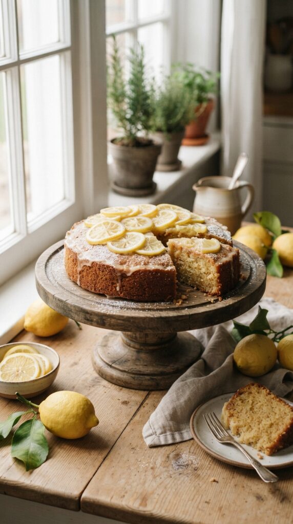 How to Bake Healthy Moist Lemon Cake from Scratch 2 A freshly baked healthy lemon cake on a rustic wooden cake stand, topped with thin lemon slices and a light dusting of powdered sugar,